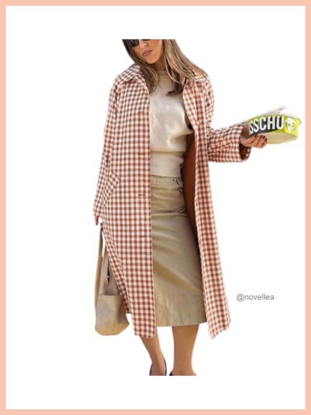 Women's Long Plaid Trench Coat Single Breasted Casual Overcoat